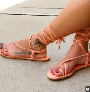 Simple Straps Thong Lace Up Women Flat Beach Sandals