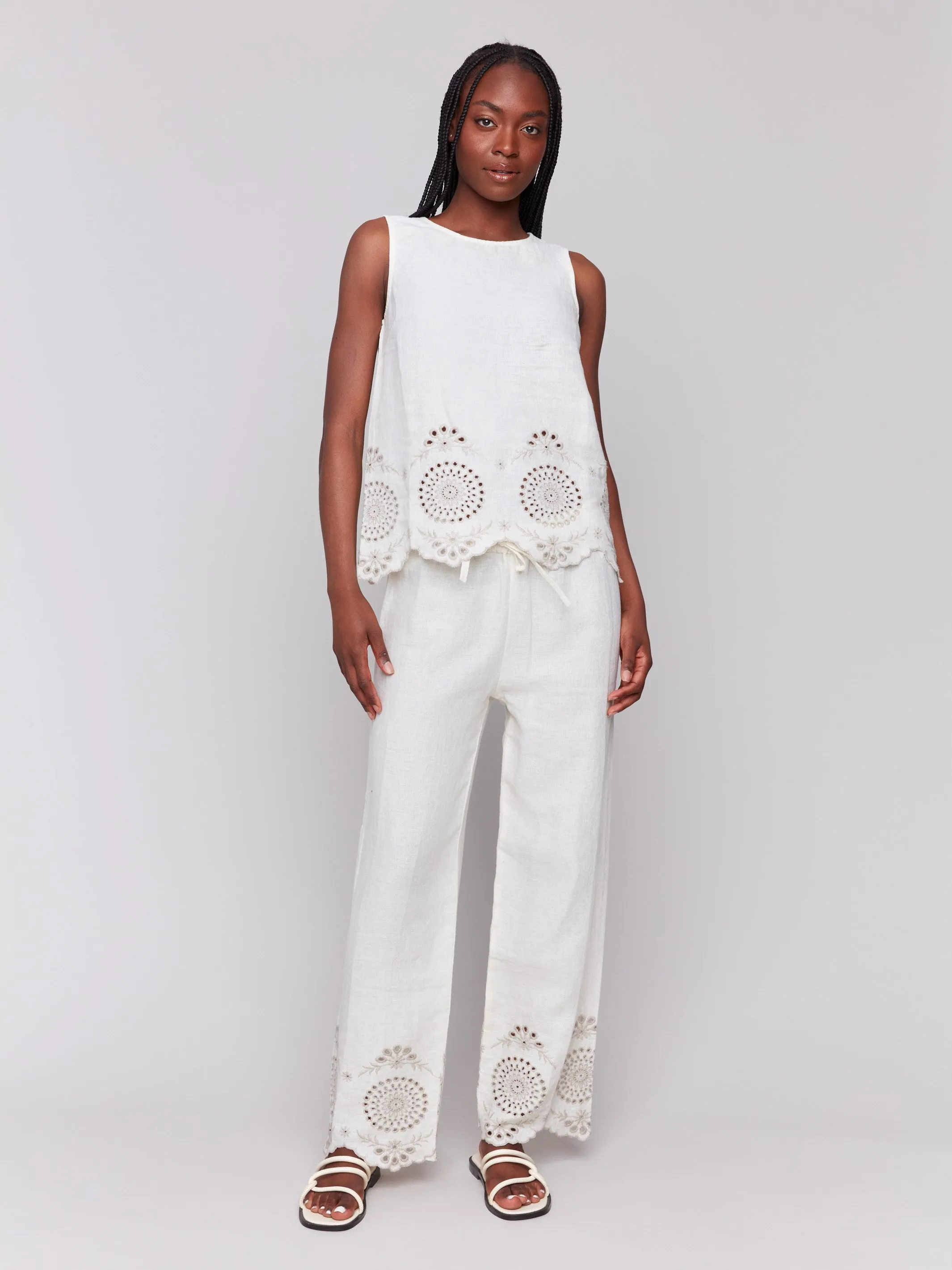 Sleeveless Linen Top with Eyelet Embroidery - Natural