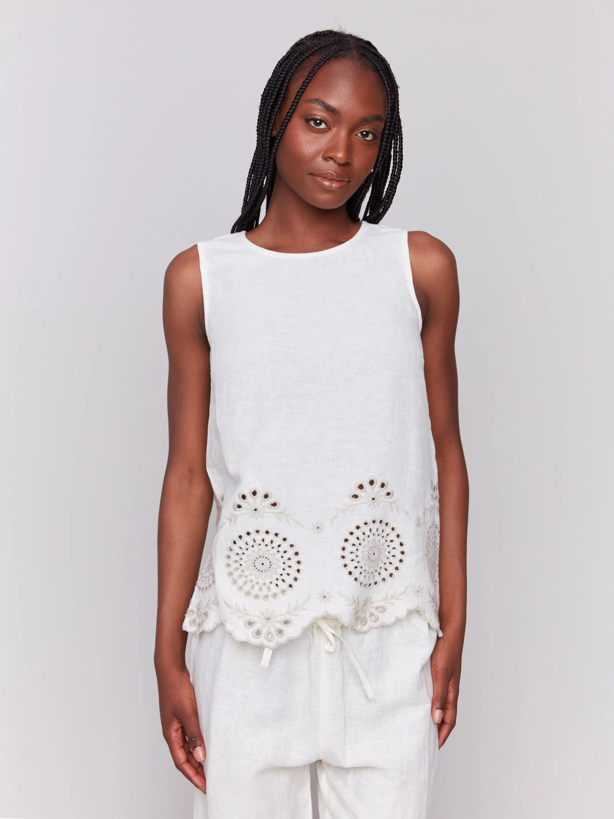 Sleeveless Linen Top with Eyelet Embroidery - Natural