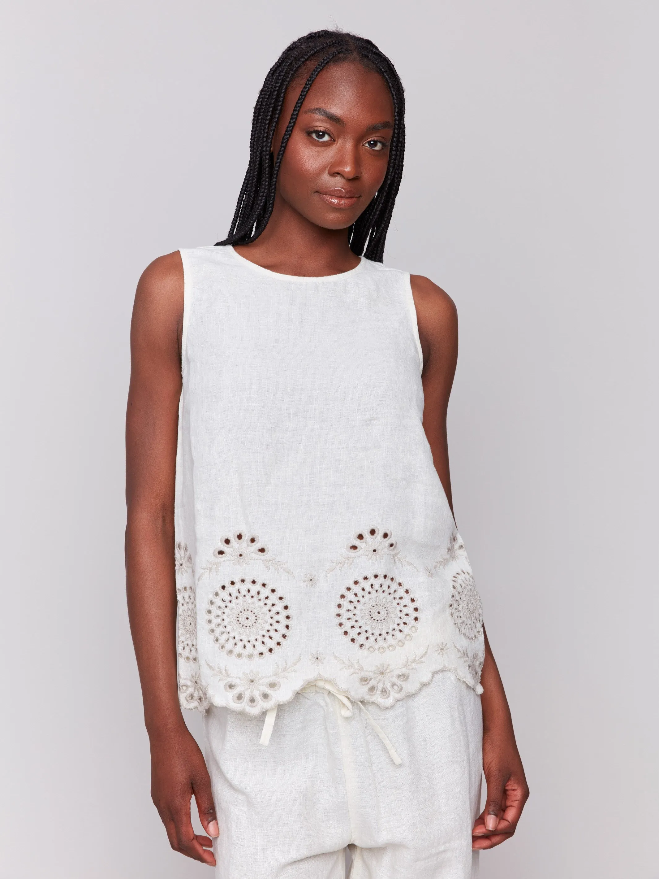 Sleeveless Linen Top with Eyelet Embroidery - Natural