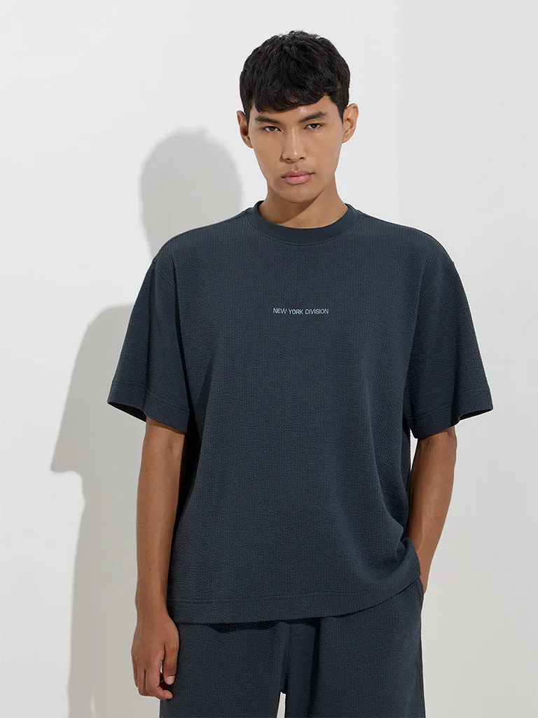 Studiofit Dark Teal Crinkle Relaxed-Fit Cotton-Blend T-Shirt