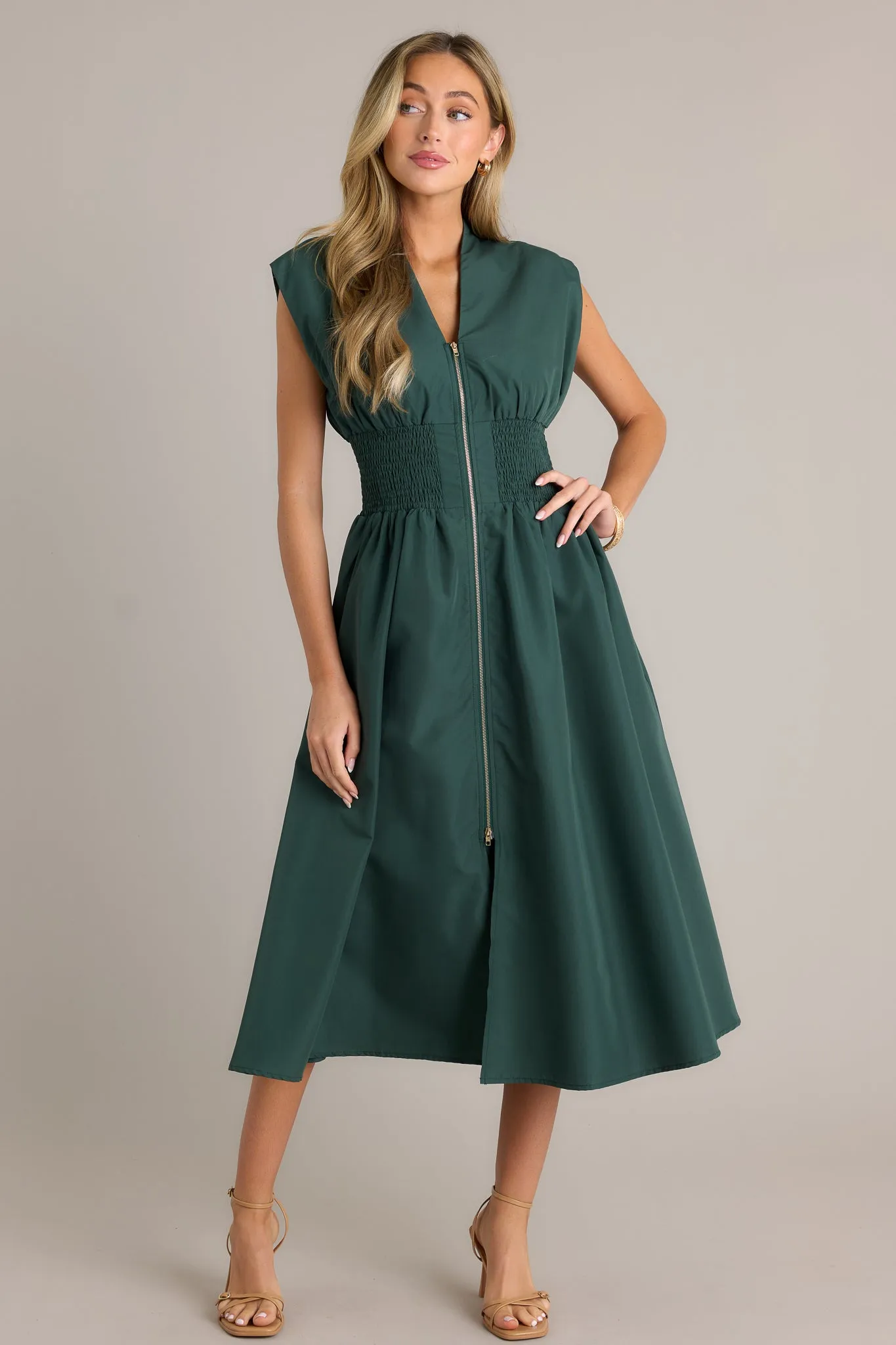 The Evette Hunter Green Zip Front Midi Dress