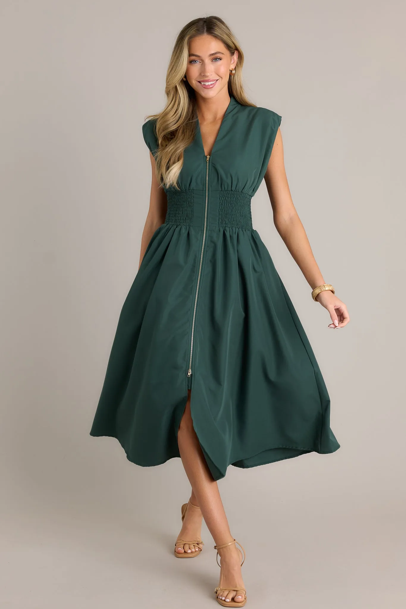 The Evette Hunter Green Zip Front Midi Dress
