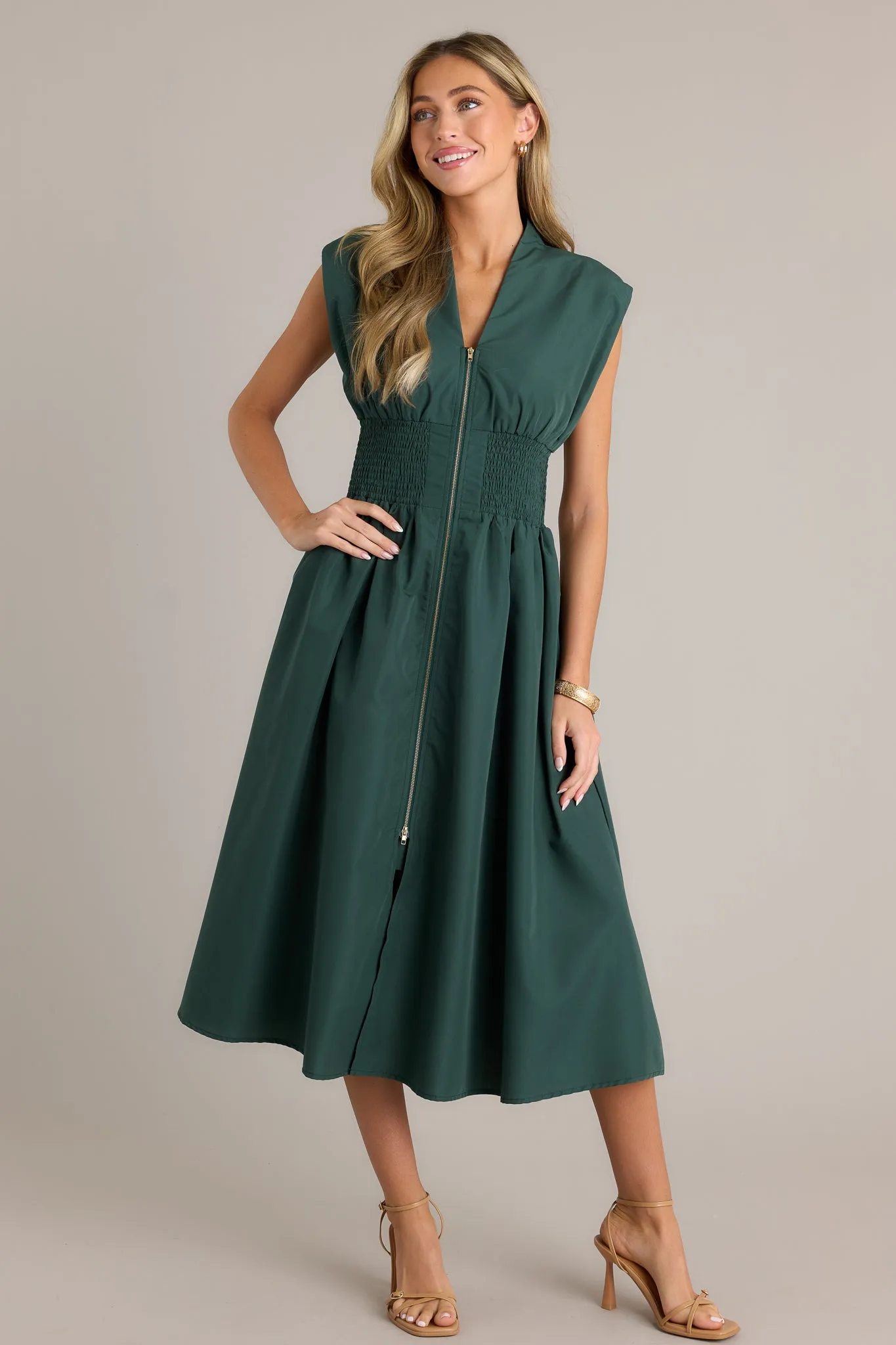 The Evette Hunter Green Zip Front Midi Dress