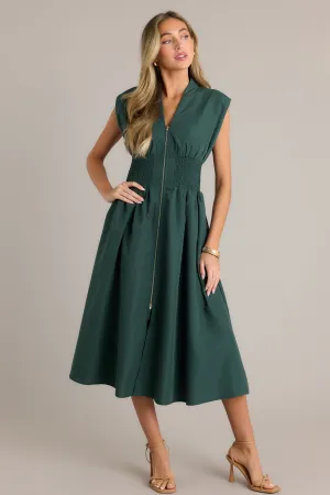 The Evette Hunter Green Zip Front Midi Dress