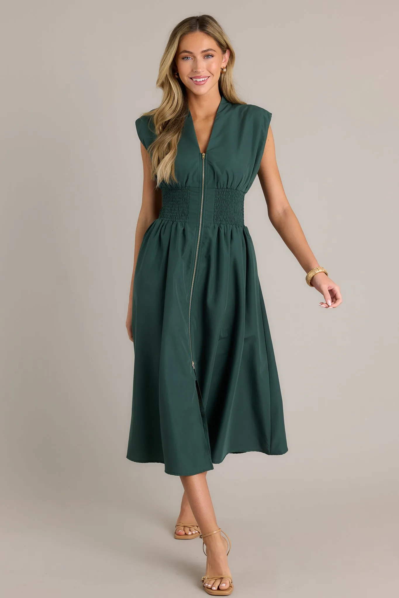 The Evette Hunter Green Zip Front Midi Dress