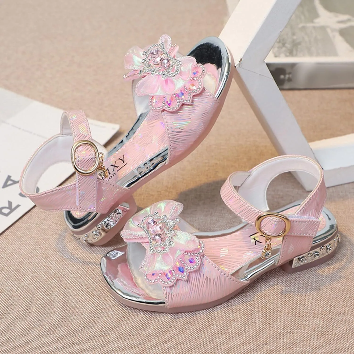 Toddler Girls Sandals Infant Bow Glitter Summer School Dress Shoes Kid Square Open Toe Buckle Low Heel Sandal