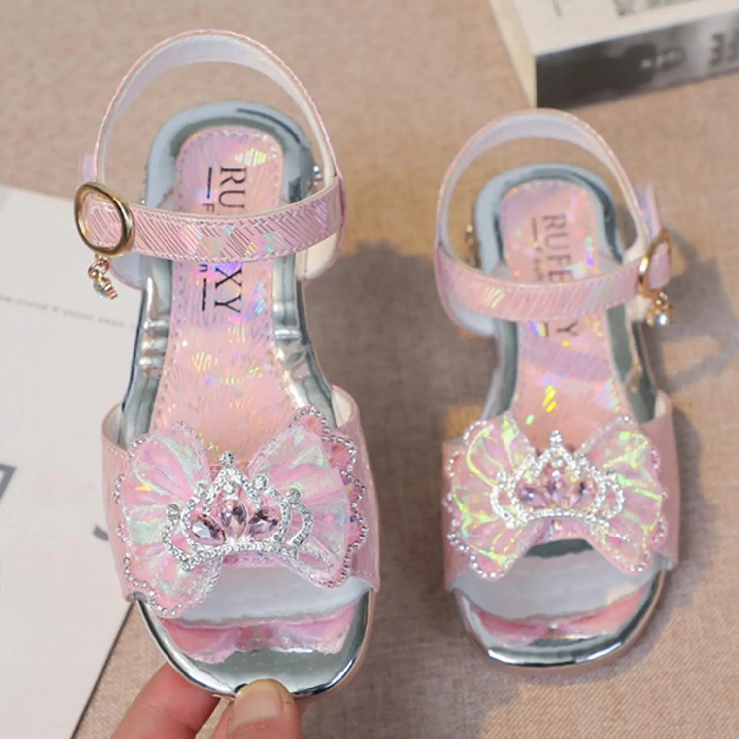 Toddler Girls Sandals Infant Bow Glitter Summer School Dress Shoes Kid Square Open Toe Buckle Low Heel Sandal