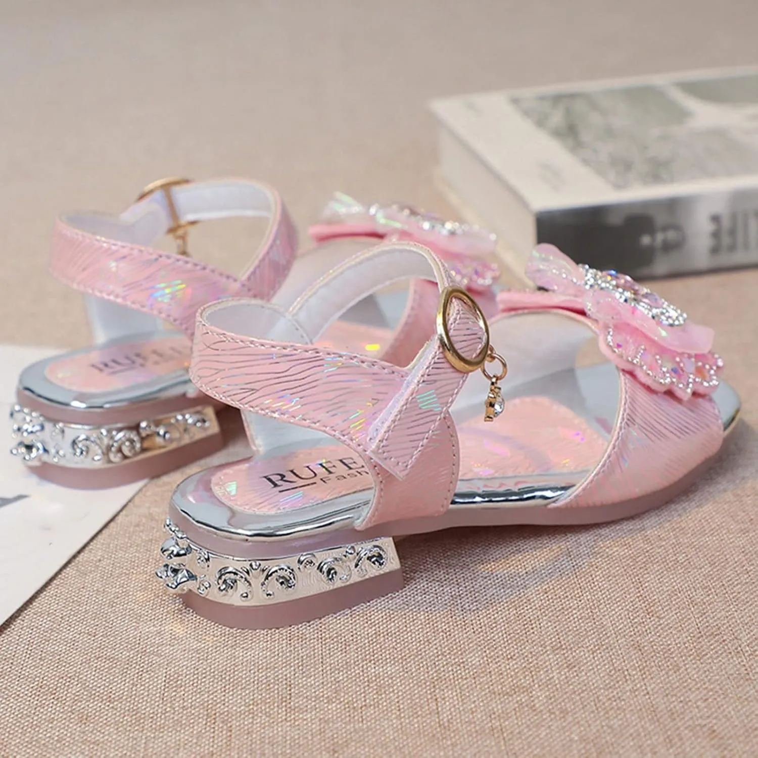 Toddler Girls Sandals Infant Bow Glitter Summer School Dress Shoes Kid Square Open Toe Buckle Low Heel Sandal