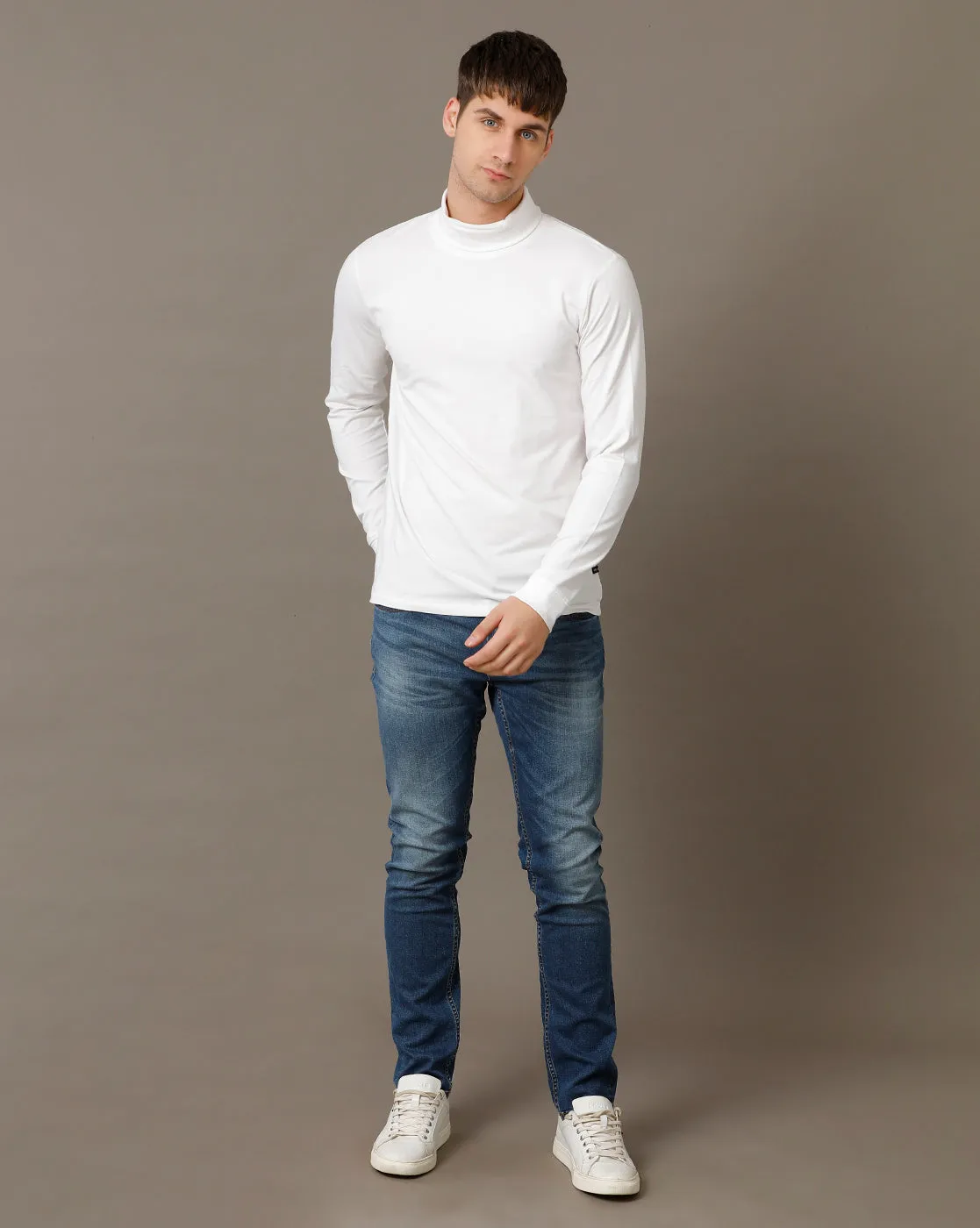 Voi Jeans Mens White Regular Fit Full Sleeve Cotton T-Shirt
