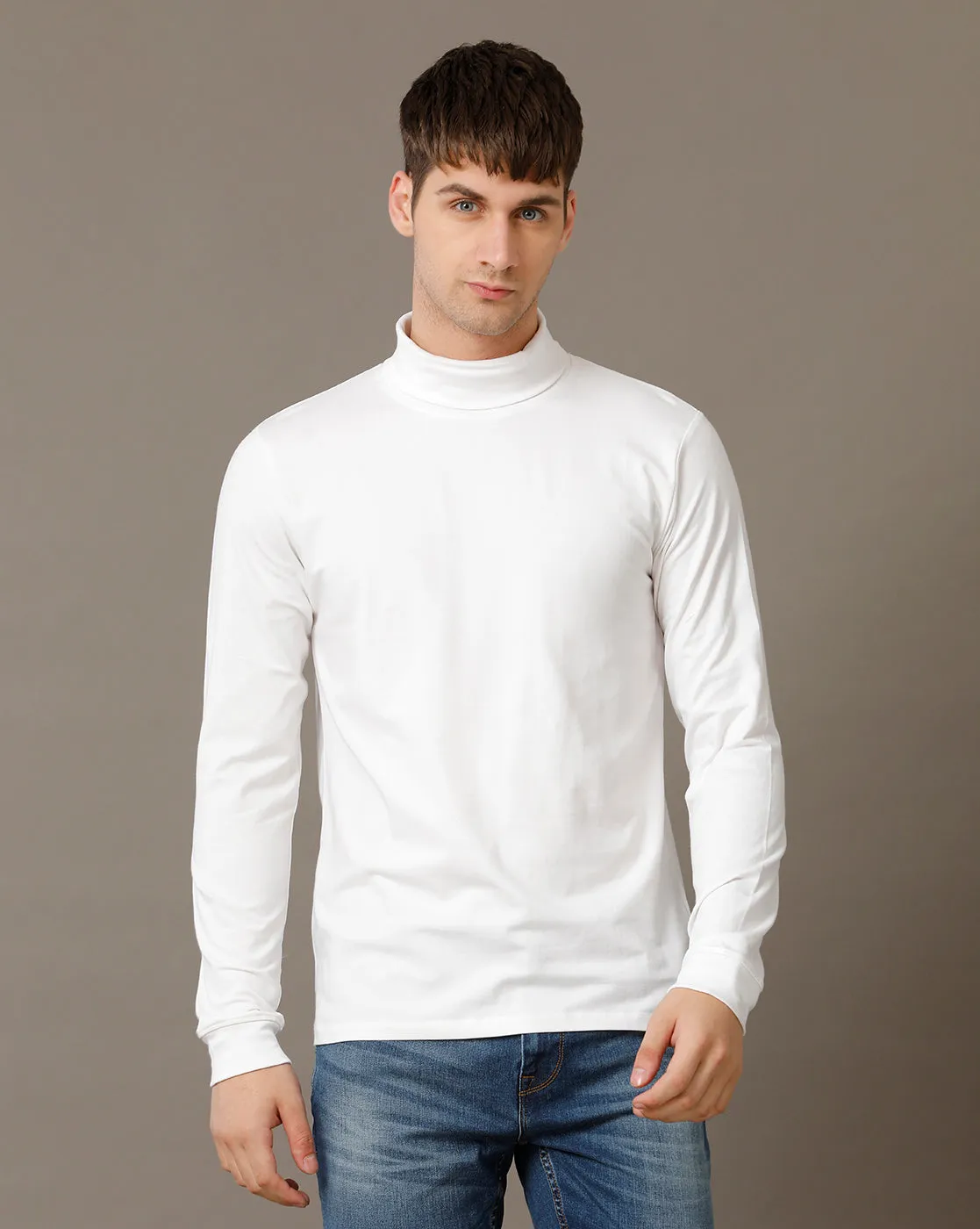 Voi Jeans Mens White Regular Fit Full Sleeve Cotton T-Shirt