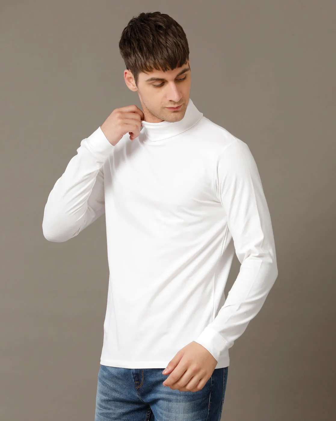 Voi Jeans Mens White Regular Fit Full Sleeve Cotton T-Shirt