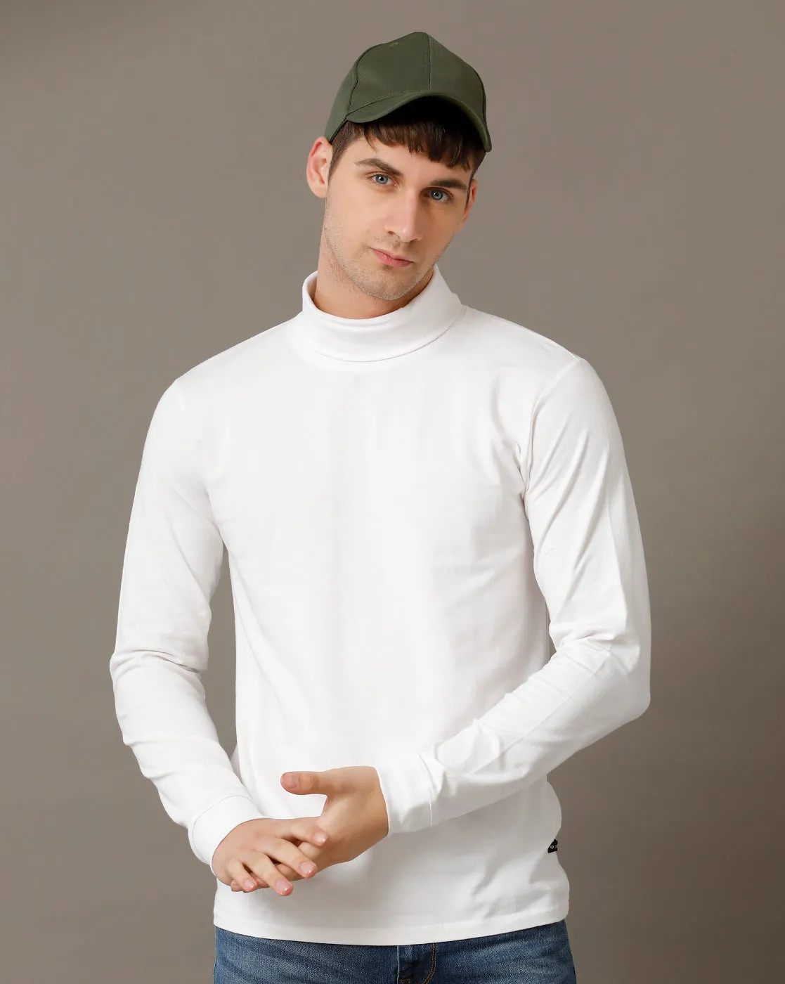 Voi Jeans Mens White Regular Fit Full Sleeve Cotton T-Shirt