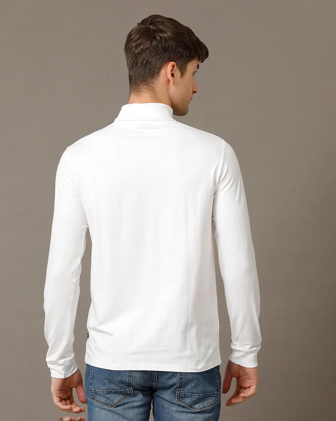 Voi Jeans Mens White Regular Fit Full Sleeve Cotton T-Shirt