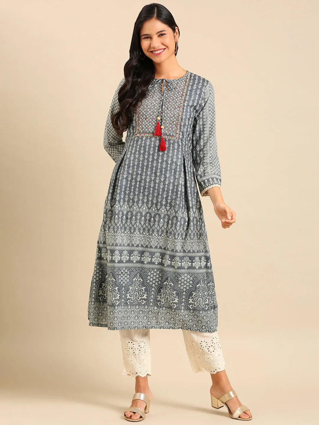 Women Graphic Grey A-Line Kurta Set